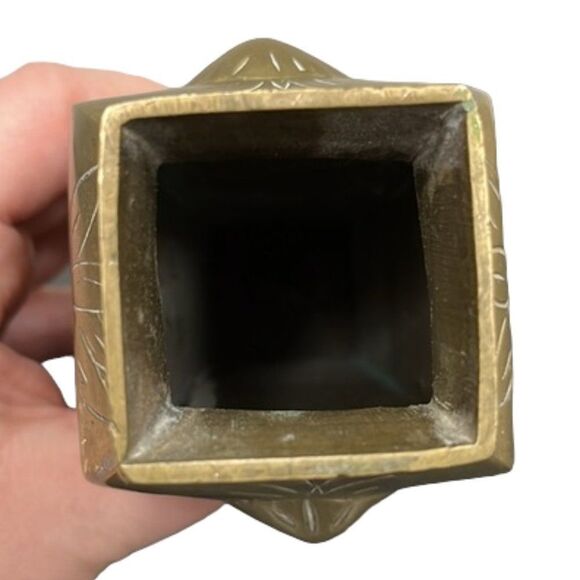 Antique Chinese 6” Brass Vase Etched Birds & Flowers Raised Heads on 2 Sides - Picture 5 of 9